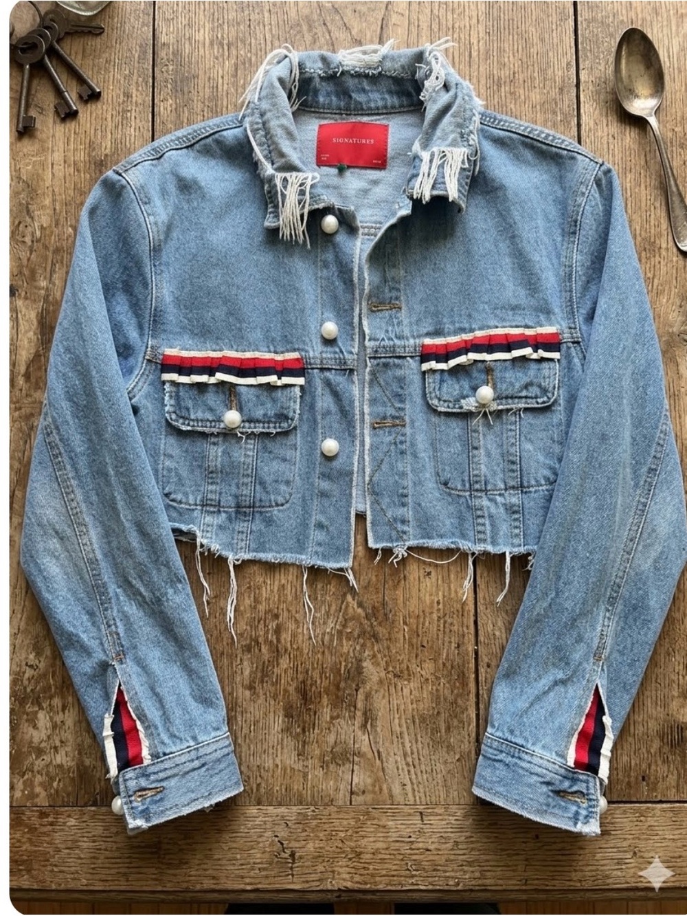 Signature Light Blue Cropped Denim Patriotic Jacket with Red & Navy Trim